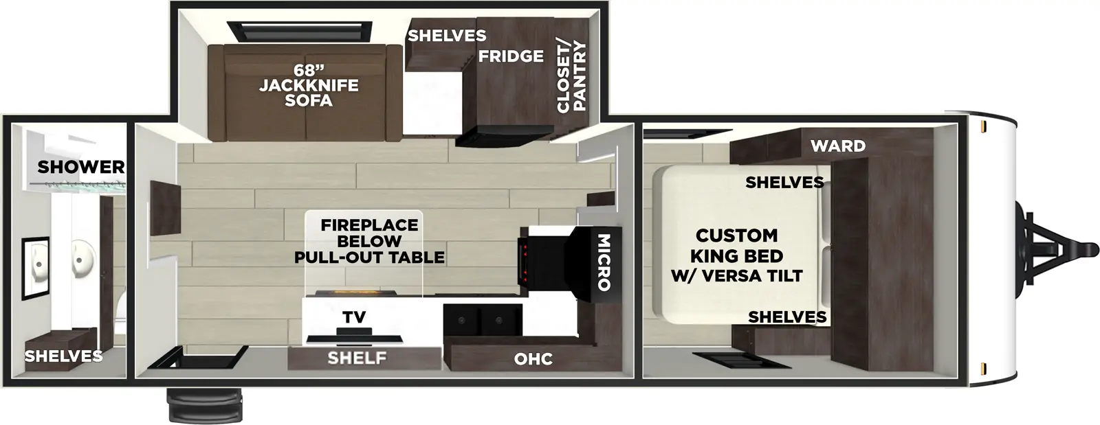 The Salem 250ZEN floorplan has one entry and one slide out. Exterior features include: metal or fiberglass exterior. Interiors features include: front bedroom and rear bathroom.